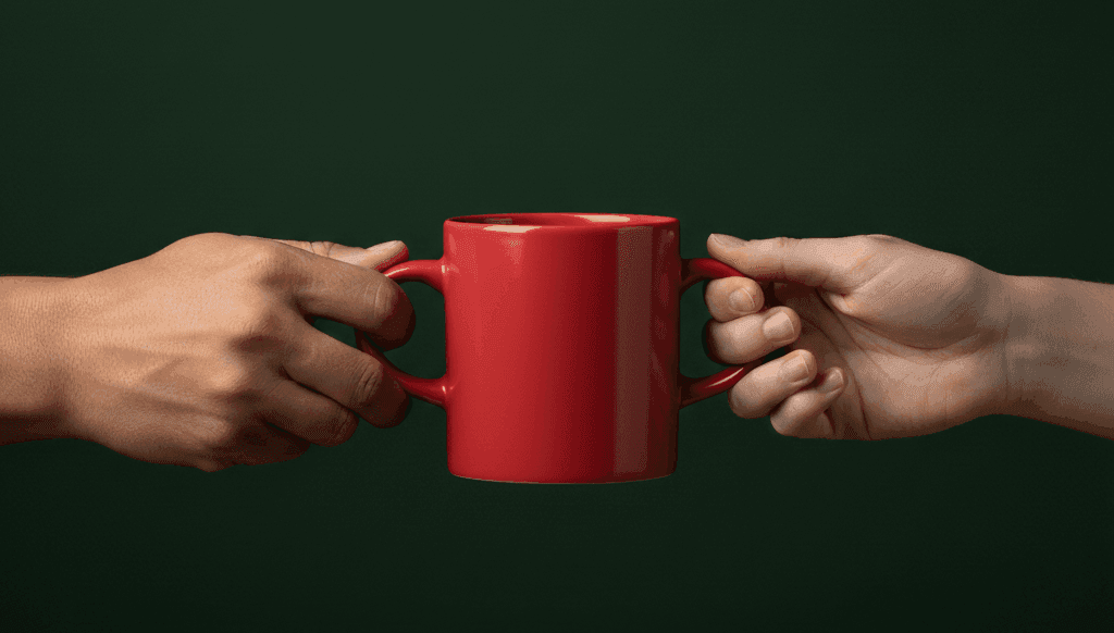 Hands holding a red mug, illustrating the human-focused approach central to human-centered design and business strategy.